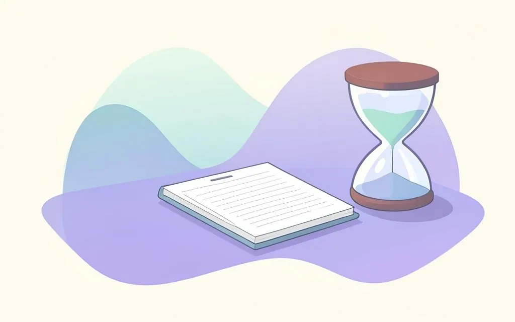 Notebook and hourglass on a calm gradient background