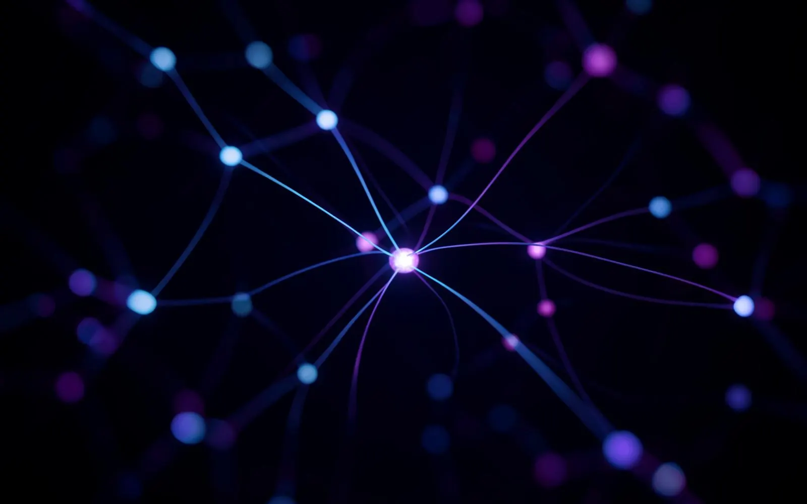 Testora IQ online IQ test hero visual: abstract neural network of glowing indigo and violet nodes representing human cognition