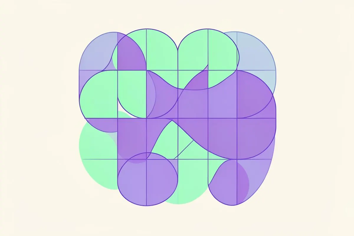 Geometric puzzle motif of overlapping violet and mint shapes on a grid, illustrating pattern recognition items
